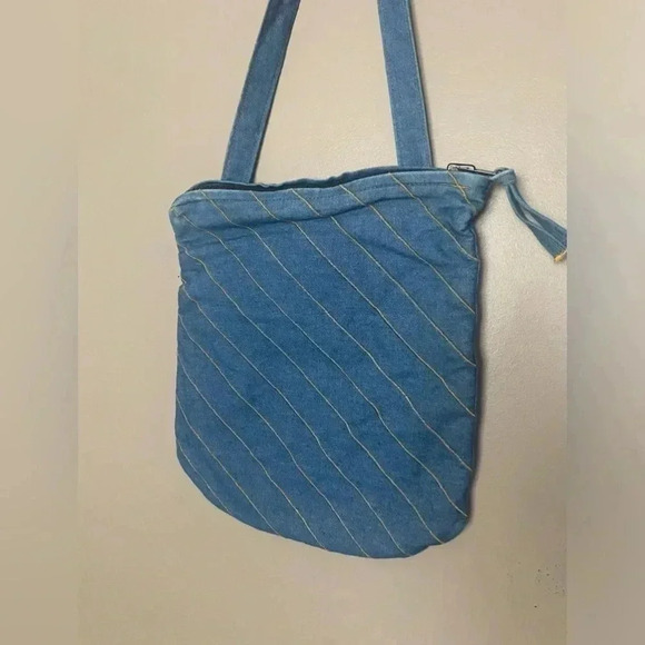denim shoulder bag, jean tote bag artisan 70s style purse gold stitching boho - Picture 10 of 16